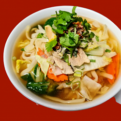 Udon Noodles Soup- Choice of chicken, beef or pork on chicken broth, fresh vegetable, garlic oil, scallion, cilantro and white pepper.- $12.95